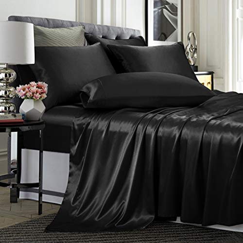 TREELY 6-teiliges Queen-Size-Satin-Bettwäsche-Set – seidig glattes Schwarz mit tiefer Tasche, Spannbetttuch, Bettlaken und 4 Kissenbezüge
