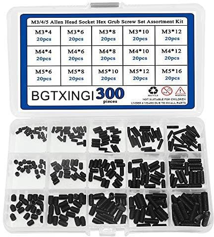 BGTXINGI 300pcs M3/4/5 Allen Head Socket Hex Grub Screw Set Assortment Kit with Plastic Box 12.9 Class Black Alloy Steel (Allen Socket Hex Grub Screw Set)