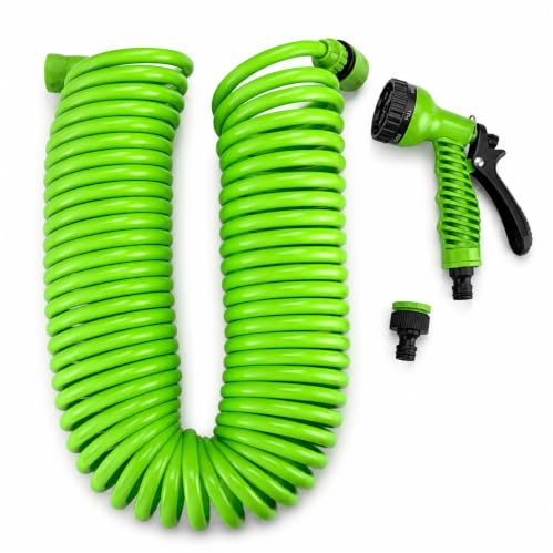 Manguera Espiral 15 Metros con Cabezal Multifunción | Pistola de Riego con 7 Posiciones | Manguera de Jardín para Terraza, Patio, Balcón, Huerto, Coche y Limpieza Exterior
