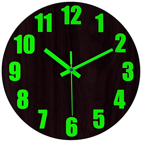 DIYZON Reloj de pared luminoso, reloj de pared de madera de 12 pulgadas con movimiento silencioso y función de brillo, reloj de pared decorativo sin cristal, para dormitorio, cocina, oficina, funciona