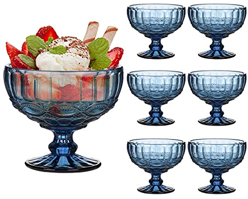 Dibor Glass Dessert Bowl Set of Embossed 300ml Footed Sundae Glass Dessert Cup Dishes (6, Blue)