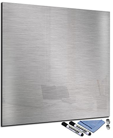 Glas-Magnettafel 80x80 cm Whiteboard Wand Beschreibbar Quadratisch Magnetisch Küche Office Büro mit Zubehör Wochenplaner Abwischbar Deko Memoboard Tafel Edelstahl-Optik Grau