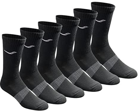 Saucony Men's Rundry Mesh Ventilating Comfort Fit Performance Crew Socks, Available in L-XL (3, 6, 12 Running, Black Solid Foot (6 Pairs), Large (Pack of 6)
