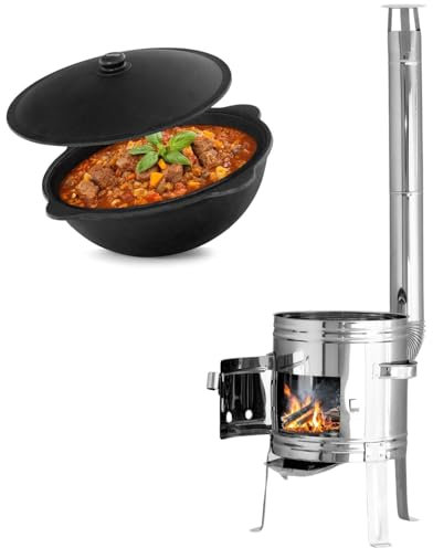 Uchak Ø35 Uchak de acero inoxidable con tubo de extracción, horno de camping, horno de fuego, caldera de gulash, 10 l, Kazan Kazan, horno de gulash, olla de gulash húngaro, olla de cocina de campo