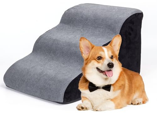 Nobleza Escalera para Perro, Rampa para Mascotas de Espuma de Alta Densidad, Escalera Perro Cama de 3 Escalones para Camas Altas, Adecuado para Gatos Perros Pequeños y Medianos, Cachorros Perro Viejo