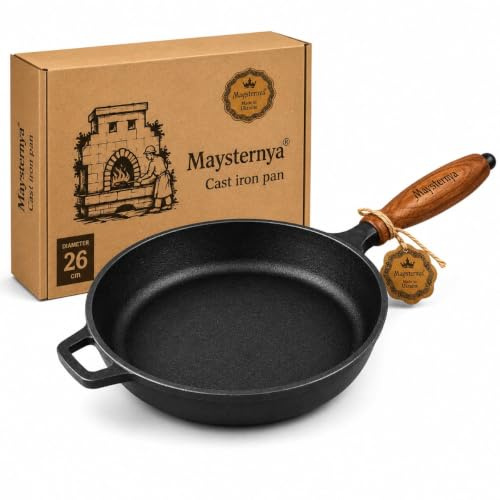 Sartén de Hierro Fundido Ø26 cm (Profunda 6 cm) con Mango de Madera – Apta para Inducción, Horno y BBQ – Sin PFAS – Antiadherente Natural – Negra