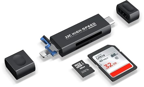 JJC Metal USBC 3.0 SD MicroSD Kartenleser für i Phone 17 16 15 14 13 12 11 | Speicherkartenleser Adapter mit drei Anschlüssen und 2 Kartenschlitzen, bis zu 90 MB/s,gleichzeitiges Lesen von 2 Karten