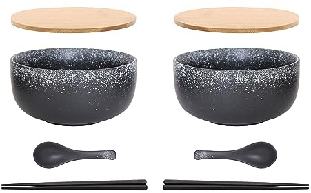 Ramen Lot de 2 bols en céramique (8 pièces) avec cuillère, baguettes, grand bol à soupe de 1100 ml, saladiers pour soupe, pho et sushi (étoile noire, 2 lots)