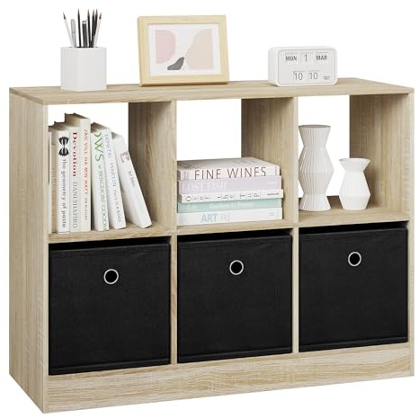 WOLTU Bibliothèque Étagère, Meuble Cube avec 6 Casiers et 3 Tiroirs en Tissu, Organisation pour Salon, Bureau, Chambre d'enfant, 30 x 80 x 60 cm, Chêne Clair