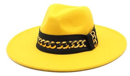 Fengyan Hüte 9,5 cm große Krempe, exotischer Stil, Zubehör, Jazzhut, Kaschmir-Filzhut, Gentleman-Damenhut (Farbe: Gelb, Größe: 56–58 cm)