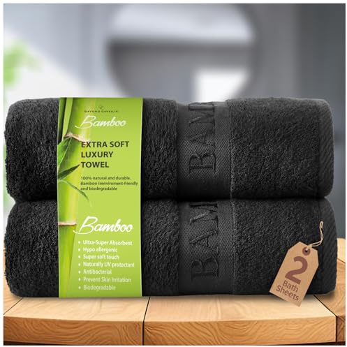 GC GAVENO CAVAILIA 550 GSM Bamboo Giant Bath Sheet | 2 PK Big Towels For Adults | Super Soft Ultra Absorbent 60% Bamboo 40% Cotton Bath Towels | Black 80x140 Cm