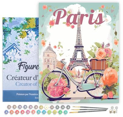 Figured'Art Peinture par Numéro Adulte avec Cadre Affiche de voyage Paris en fleurs - Activité Manuelle Kit de Loisir Créatif DIY Numéro d'Art Complet - 40x50cm toile tendue sur châssis