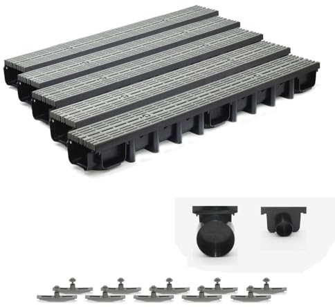 ScarMaxx - Set di grondaie di drenaggio da 5 m – grondaia – Scarico Acqua piovana – Scarico con griglia – Altezza A15 98 mm – Set Completo – Griglia longitudinale Line Grigio – 13 x 500 x 9,8 cm