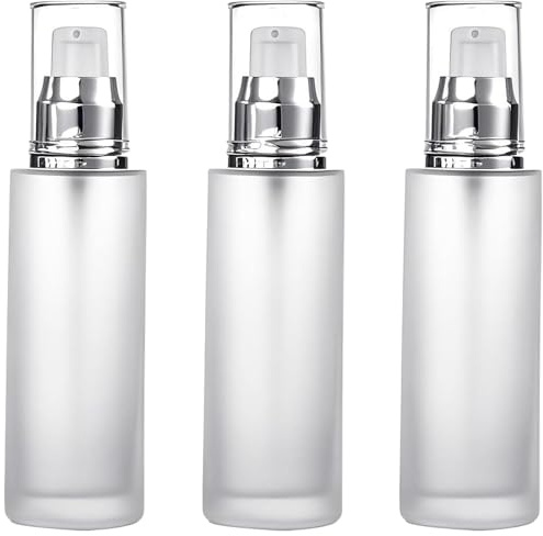 3PCS 60ml/2oz Empty Translucent Frosted Glass Cosmetic Lotion Pump Bottle Refillable Travel Toiletries Container Dispenser Vials Pot Jars with Plastic Lid for Cream Foundation Emulsion Essencial Oil