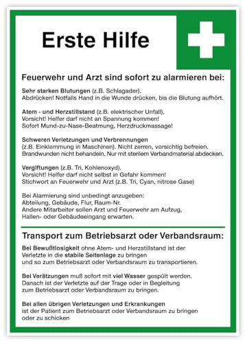Aufkleber Sicherheitsaushang „Erste Hilfe“ Sicherheitsinformationen Notfallhinweise Folie | DIN A2 (420 x 594) mm Made in Germany