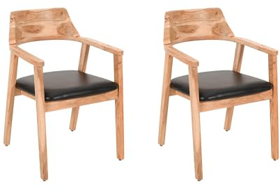 SAM 2er Set Esszimmerstuhl Angel, Akazienholz naturfarben, Echtleder | schwarzes Echtleder, Holzstuhl mit Armlehnen, ergonomischer Massivholz-Sessel mit Leder-Bezug, Stuhl für Küche