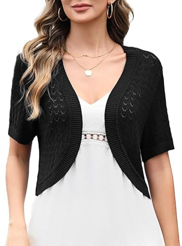 Totatuit Bolero Mujer Chic Tricot Suéter Corto Manga Corta Diseño Croché Calado Ligero de Verano para Vestido Boda Playa Negro L