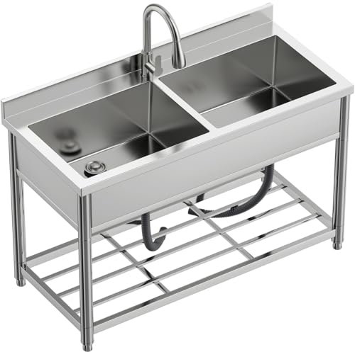 Vockol Freistehende Edelstahl Spültisch Gastro 2 Becken, Gewerbliche Küchenspüle mit Ausziehbarem Wasserhahn, Outdoor Spüle für Küche Garage Waschküche Restaurant, 55T x 120B x 94H cm
