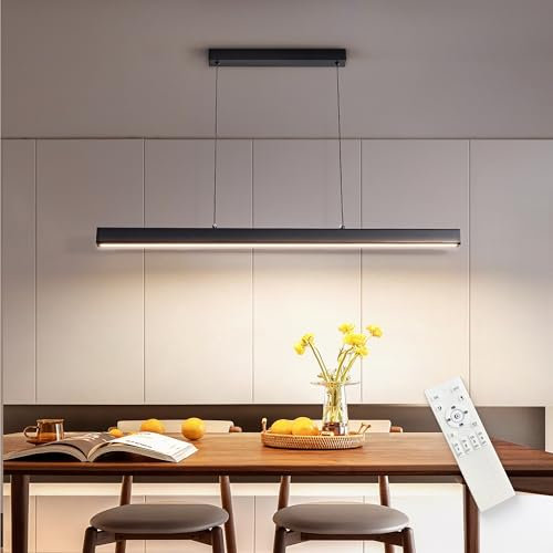FANLG Lampada a Sospensione Moderna Dimmerabile, 100CM Lampada da tavolo nero con telecomando Lampadario cucina Lampadario a sospensione Lineare Regolabile in altezza per sala da pranzo Cucina Ufficio