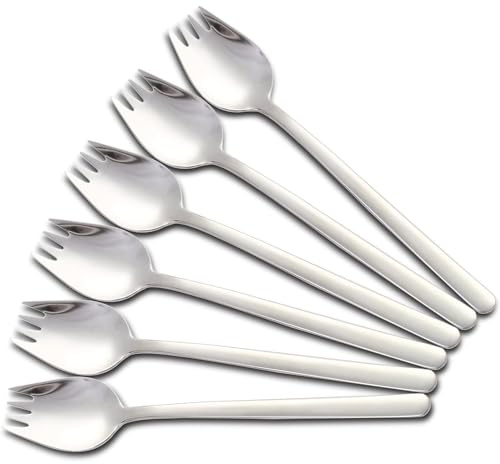 Lot de 6 fourchettes SUS304 avec manche long de 20 cm et fourchettes de buffet robustes, cuillère 2 en 1, fourchette à nouilles portable réutilisable, ustensiles multifonctionnels pour le camping, les