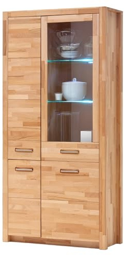 Lomadox Wohnzimmer Vitrinenschrank Vitrine mit LED-Beleuchtung, Kernbuche massiv geölt keilgezinkt, Echtholz/Massivholz