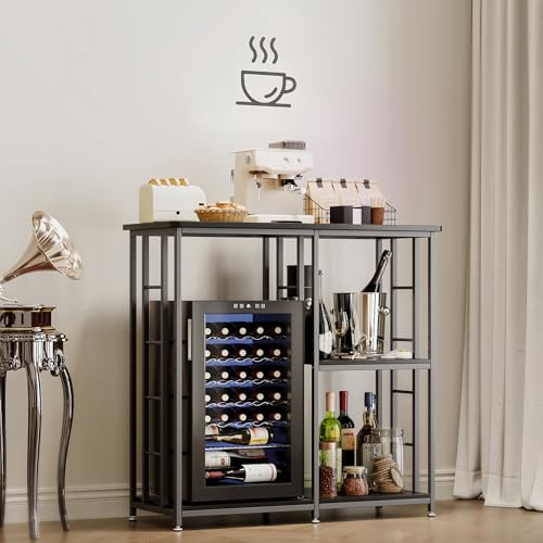 COCOLUCKY minikylskåp med förvaring, kaffebar med minikylskåp, skåp med förvaring, barskåp med kylskåp, mikrovågsstativ, bagarställ för sovsal kök (svart träkorn)