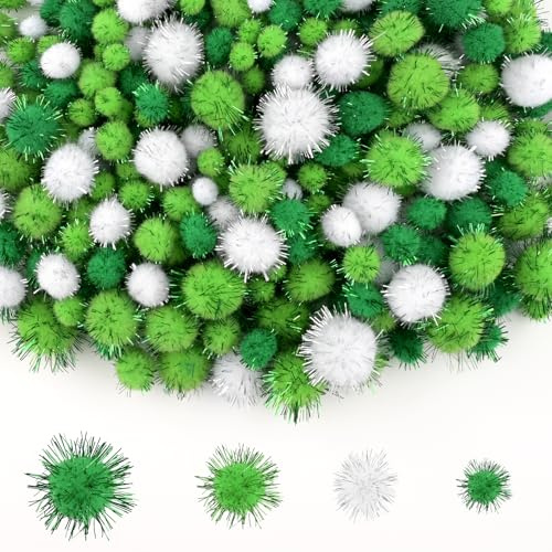 NACHLYNN 1000 Glitzer-Pompons zum Basteln Großpackung 4 Größen Bunt Weiche Flauschige Pompons Bommel zum Basteln DlY-Dekorationsaktivitäten, mit Aufbewahrungstasche (Grüne Serie)