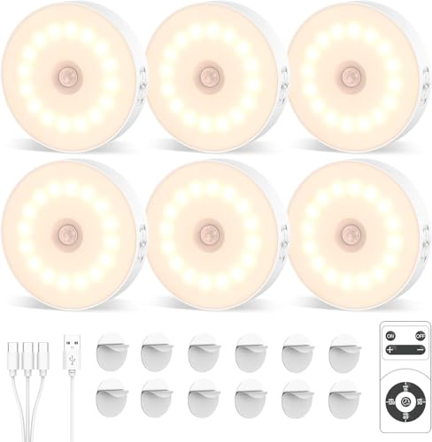 JVURICE 6PCS Schranklicht mit Bewegungsmelder, 16 LED-Chips Schrankbeleuchtung mit Fernbedienung-10h Dauerlicht, 4 Timer-Stufen, Dual-Sensor (Licht/Bewegung) für Küche, Flur, Treppe, Kleiderschränke