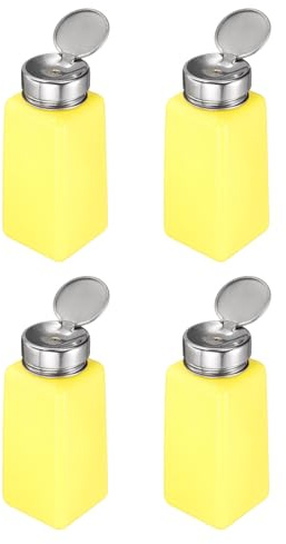 sourcing map 4pcs Solvent Alcohol Dispenser 250ml(8.5oz) Nail Polish Remover Push Down Liquid Dispenser Pump Bottle with Stainless Steel Press Head for Acetone Solution, Yellow