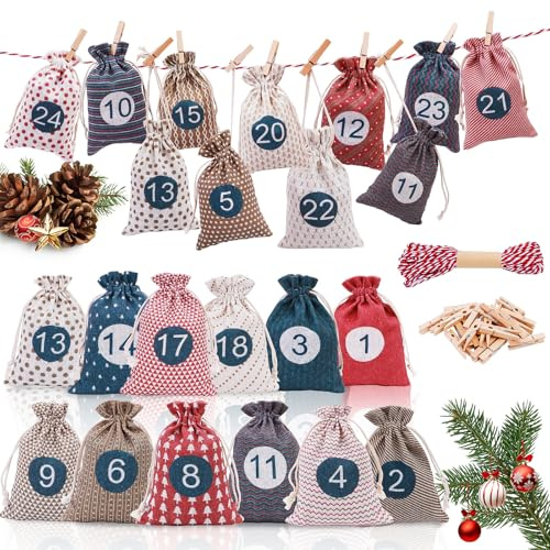 CNMTCCO 2025 Calendario de Adviento para Rellenar, 24 DIY Adviento Bolsa de Regalo, Calendario Adviento Hombre Vacio, Calendario Advientos Bolsitas Niño