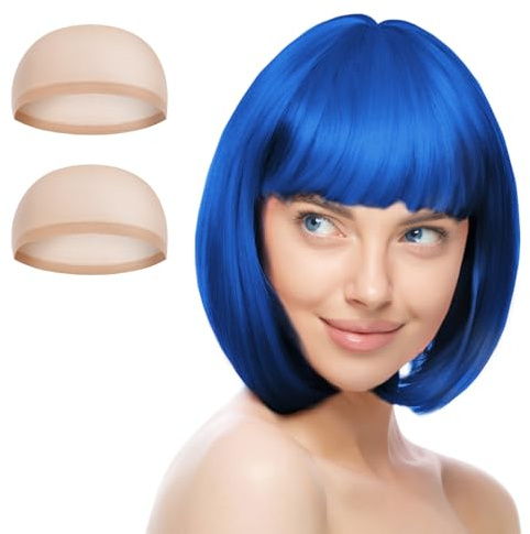 AUYAO Glänsande kungsblå peruk, kort rak rak anime cosplay hårperuk, korta bob-peruker med lugg, neonfärgade peruker för halloween, karneval för kvinnor och flickor