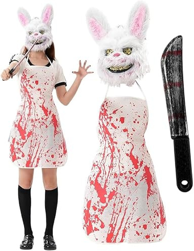 TISMHGKU Halloween Masque Lapin en Peluche Effrayant,avec Masque Effrayant,Tablier Ensanglanté et Faux Couteau,deguisement masque lapin horreur pour Halloween Carnaval Déguisées Cosplay Mascarade