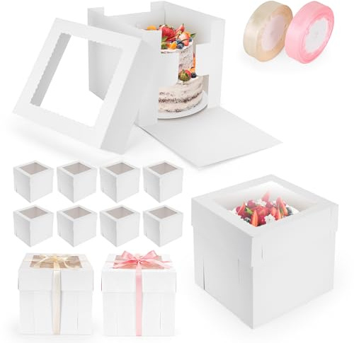 YEUIKERR 12 Pcs White Cake Boxes 10x10x10 inch Tall Cake Boxes with Window Cakes Transport Containers with Lids Square Carboard Bakery Boxes