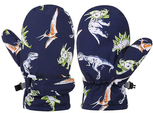 Guanti da sci per bambini, impermeabili, caldi, con fodera interna in pile, guanti per bambini, con motivo dinosauro, per inverno, neve, sci, slittino, parco giochi (L(6-7 anni)