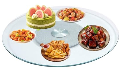 HUFIREHU Rond Plaque De Service Rotatif Verre Trempé Plateau Tournant En Verre Rond Plateau De Service Rotatif Lazy Susan Assiette De Service Tournante 360°(Transparent silver,60cm)