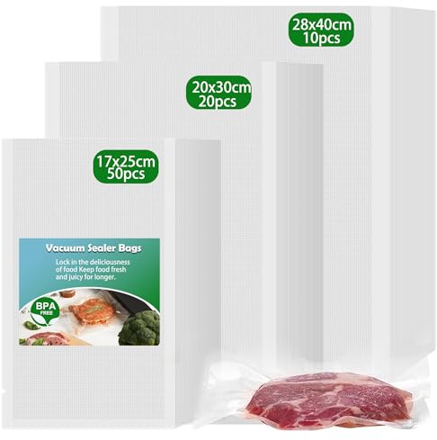 huruirui Sac sous Vide Alimentaire 80pcs 17X25cm(50) + 20X30cm(20) + 28X40cm(10) Sac Congelation sous Vide pour Machine sous Vide sans BPA pour la Conservation des Aliments et la Cuisson