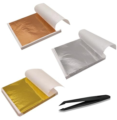 RQcMid 300 Stück Blattgold Zum Basteln, Goldfolie Zum Basteln Mit Pinzette, Blatt Gold Flocken, Dekorfolie Für Mousse-Kuchen Backen Schokolade Kunsthandwerk Dekoration