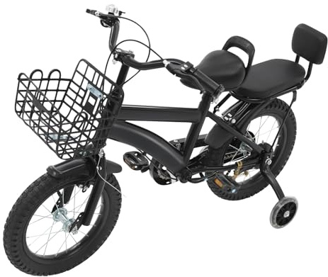 GIDRLL Barncykel 14 tums cykel barn från 3–5 år pojkar och flickor barn cykel justerbar höjd med avtagbara stödhjul, förvaringskorg, baksäte och kedjeskydd (C-svart)