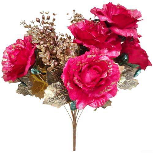 Konstgjord rosbukett 13 huvuden 51 cm, europeisk vintage glitter silkesblommor för bröllop heminredning, guldpaljetter retroarrangemang (röd)