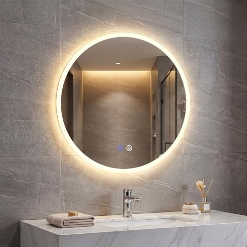 COSTWAY 600mm/700mm Round Bathroom Mirror with LED Lights, Illuminated Backlit Wall Mounted Vanity Mirror with 3 Colors, Dimmable, Memory, Anti-Fog Circle Tempered Glass LED Makeup Wall Mirrors (70cm)