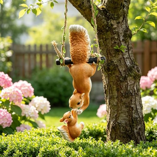 FUFRE Gartenfiguren Eichhörnchen 2 tück, Gartendeko für Draußen Wetterfest, Gartendeko Eichhörnchen Harzfigur Figuren, Gartenfiguren für Draußen, Gartenfigur Garten Deko für Balkon Terrasse (A)
