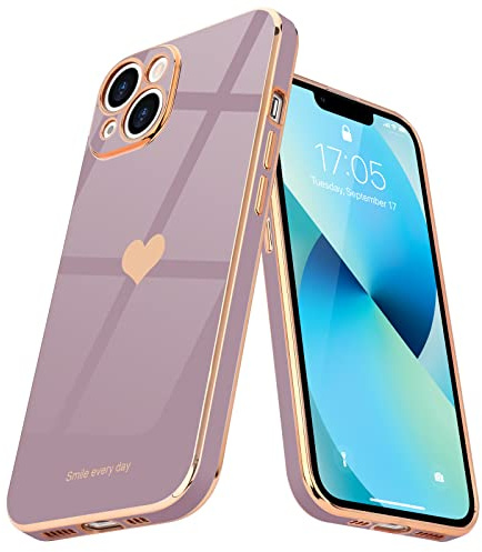 Teageo Kompatibel mit iPhone 13 Hülle, Süße Herzmuster Mädchen Handyhülle Luxuriös Galvanisierte Weich TPU Kameraschutz Kratzfest Stoßfest Schutzhülle Bumper Phone Case für iPhone 13, Sakura Lila | Mädchen Stilvoll Galvanisierte Schutzhülle Weich TPU Phone Case