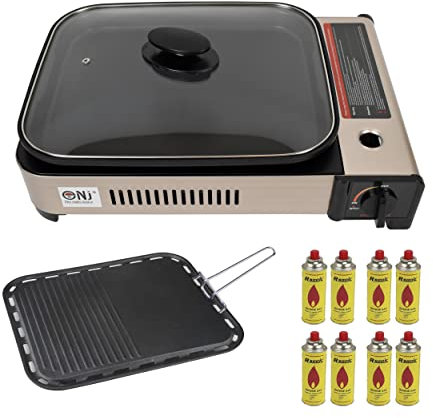NJ Camping Gas BBQ Grill Plate Non-stick Deep Dish Pan Butane Stove Portable Cooker Glass LID (Gas Grill + 8 Canisters)