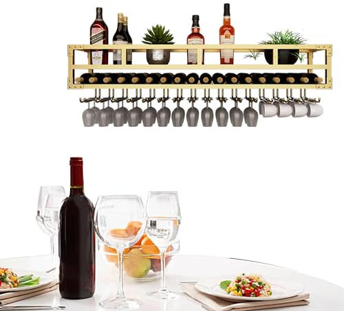 Weinregal Wand Metall Flaschenregal Wand Couchbar Wine Rack Bar Regal Wand Barschrank Minibar Vitrine Hängend Weinschrank Weinregal Schmal Weinhalter mit Weinglashalter und Lichtleiste ( Color : Gold-