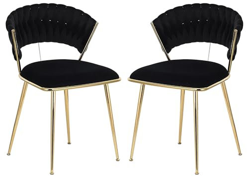 NLDGR Samt-Esszimmerstühle 2er Set, Polsterstuhl Wohnzimmer-Sessel, Wohnzimmerstuhl mit gewebter Rückenlehne und goldenen Metallbeinen, Küchenstuhl, Anwendbar auf Kitchen, bar, Cafe (Schwarz-C)