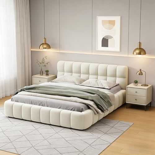 DAHUEN Polsterbett 160x200cm, Doppelbett Bubble Bett mit Lattenrost und Kopfteil, Jugendbett Flachbett mit weicher Rückenlehne, Leinen, Ohne Matratze, Beige (Beige, 160×200cm)