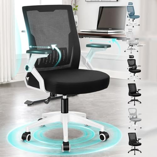 ALFORDSON Vridbar kontorsstol, mellanryggs ergonomisk i nät med hjul, bekvämt ländryggstöd, vikbara armstöd, perfekt för hem, sovrum, conrad, svart och vitt