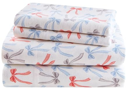 Intelligent Design Flannel Sheets Queen, Cozy Soft 100% Cotton Flannel Bedding, Printed Warm Queen Sheets Set, Ultra Soft Cold Weather Bed Sheet Set, Happy Bows, 4 Piece