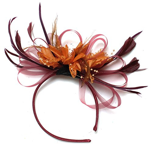 Bordeaux e arancione capelli con piuma fascia fascinator net Hoop wedding Royal Ascot