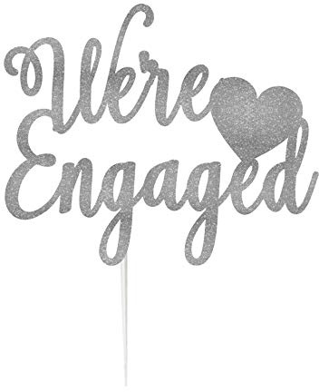 LissieLou We're Engaged with Heart Cake Topper Glitter Card Silver Made in the UK